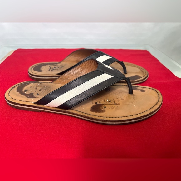 Bally Henke Thong Black and White Leather Stripe Sandals Tan Brown